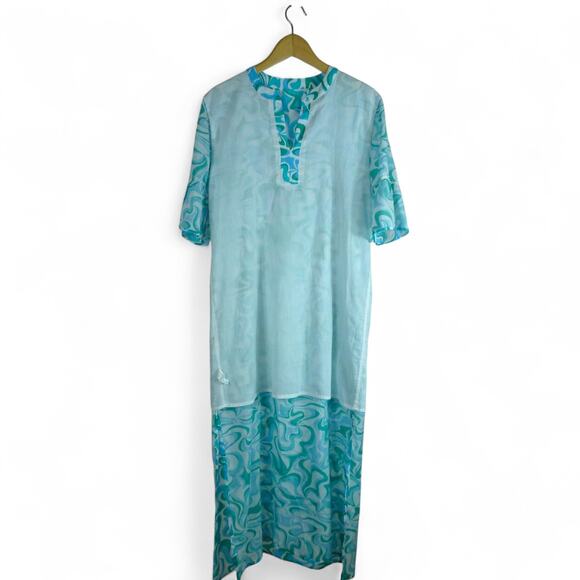 Addison Bay Blue Green Wave Print Cotton Caftan Dress XS Resort Beach Cover Up - Picture 5 of 11
